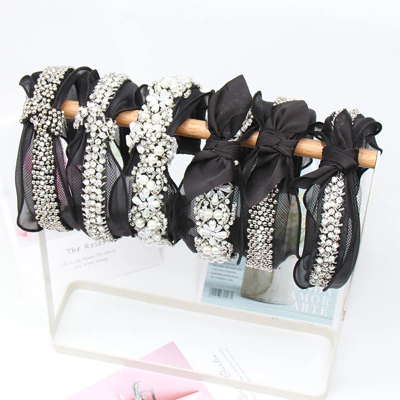 

Xugar Hair Accessories Vintage Bohemian Black Lace with Metal Beads Knot Headband Rhinestone Knotted Bow Hairband