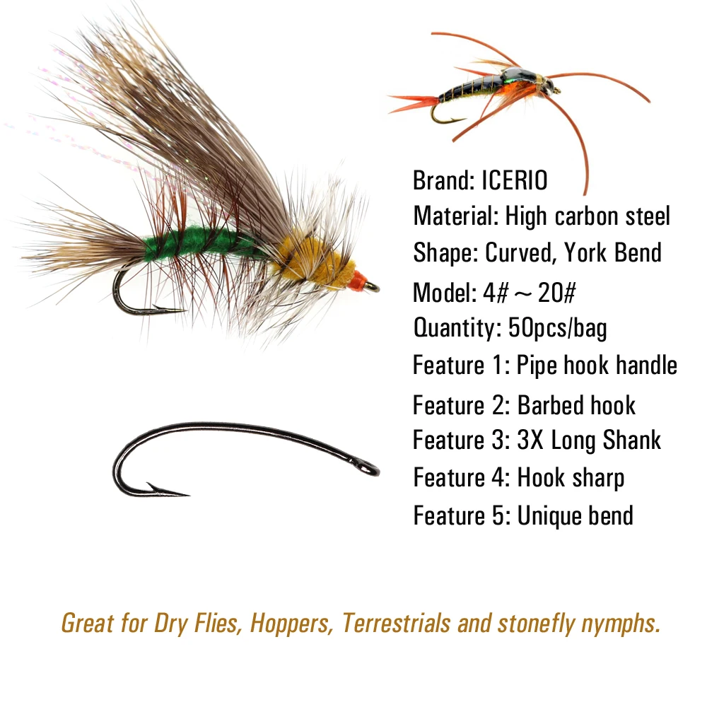 ICERIO 50PCS Curved Straight Eye Fly Tying Hook Dry Wet Flies Hoppers Terrestrials and Stonefly Nymphs Lure Bait Materials