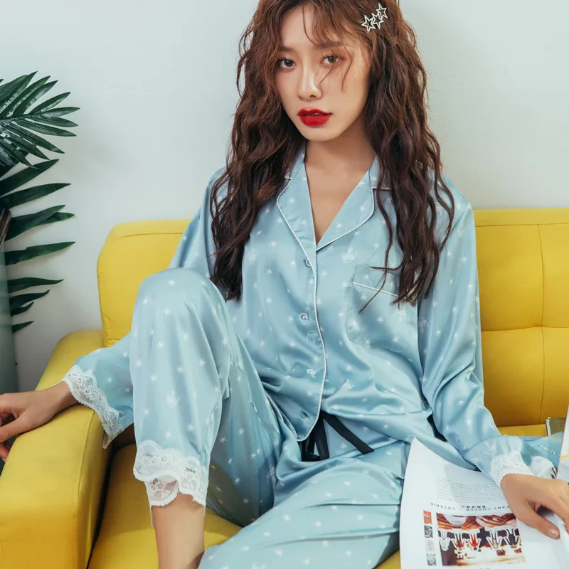 

Lisacmvpnel Print Fashion Women Pajama Set Sweet Lace Cuff Trousers Long Sleeve Suit Pyjamas