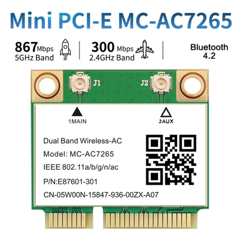 

WiFi Card MC-AC7265 Mini PCI-E 1200Mbps Bluetooth 4.2 Dual Band 2.4G 5G Adapter for Win7 Win 8 Win 10