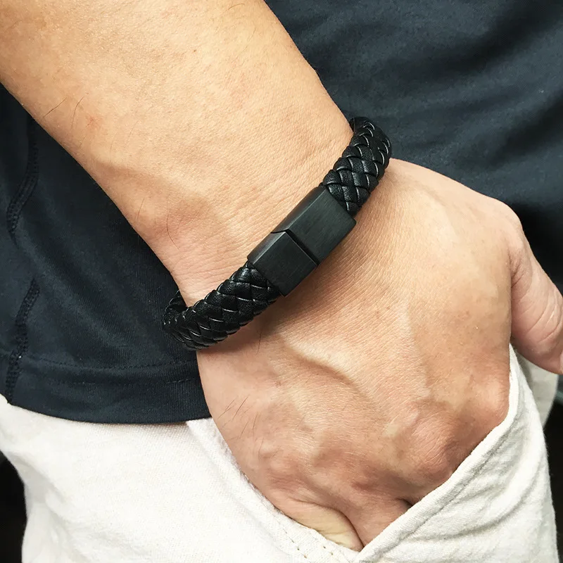 

Woven Leather Rope Wrapping Special Style Classic Stainless Steel Men's Leather Bracelet Double-layer Design DIY Customization
