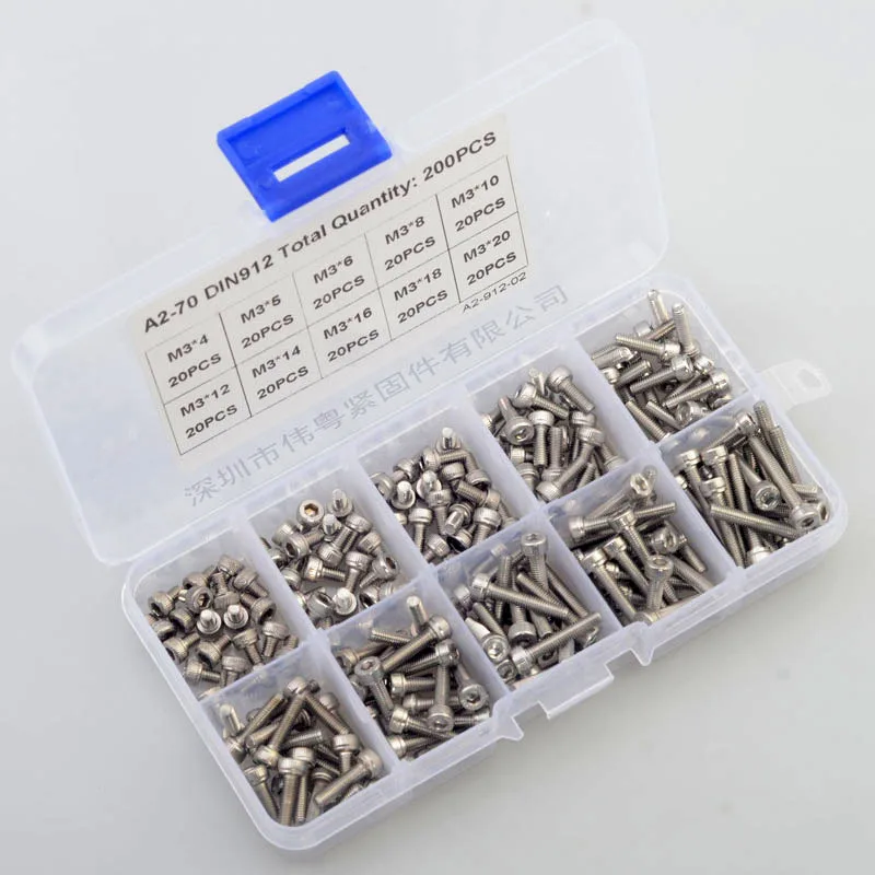 200pcs M3 * 4/5/6/8/10/12/14/16/18/20 stainless steel 304 DIN912 cup head hexagon socket screw combination set | Обустройство дома