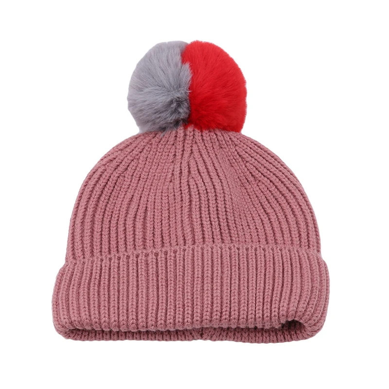 

Baby Children Knitted Hats Warm Kids Pompom Cap Crochet Boy Girl Fur Hats Hot Cute Double Color Hair Ball Beanies Cap Winter