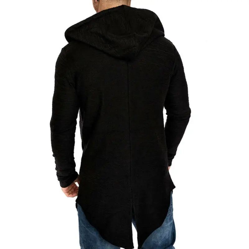 Мужская длинная куртка на молнии однотонная теплая с капюшоном и длинным рукавом