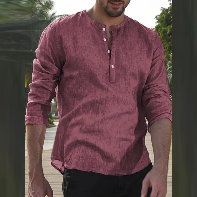 

Autumn Fashion V-Neck Buttoned Pullovers Vintage Loose Shirt Mens Streetwear Simple Spring Men Casual Solid Long Sleeve Shirts