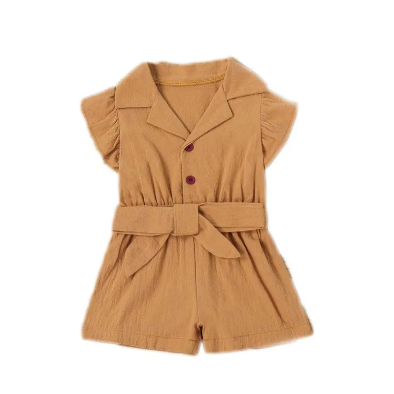 

Комбинезон с коротким рукавом для девочек, весенний маленький однобортный хлопковый повседневный комбинезон с обратным воротником для мла...