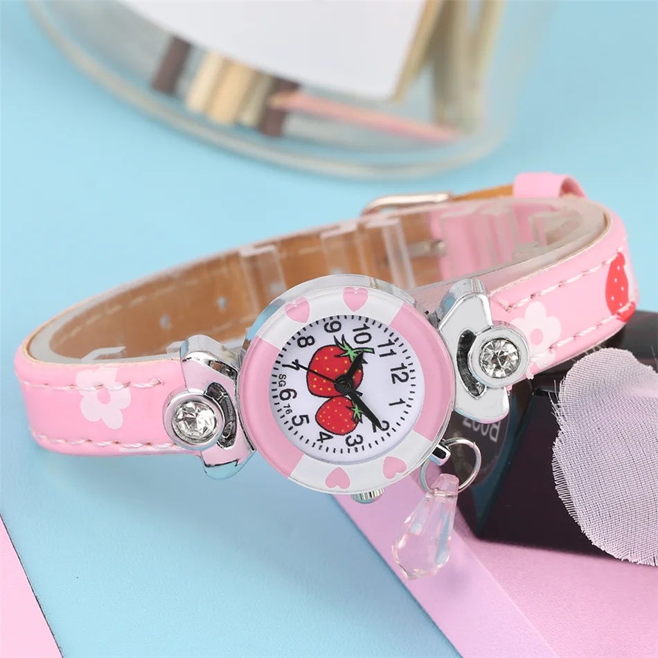 

Quartz Children Watch Strawberry Display Dial Leather Band Watches Kids Gift Little Girls