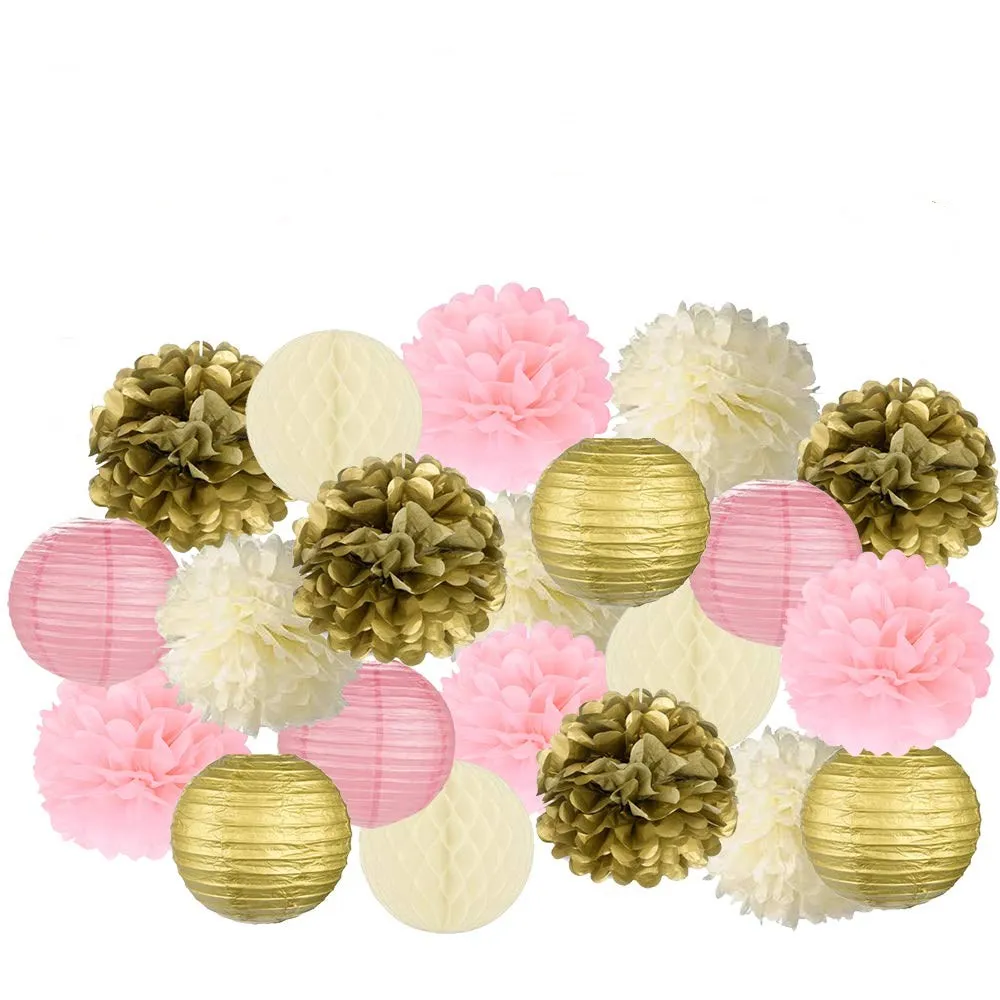 21 шт./набор Золотой розовый слоновая кость бумажная помпон и фонарик для декорации вечеринки "Детский душ" для девочек.