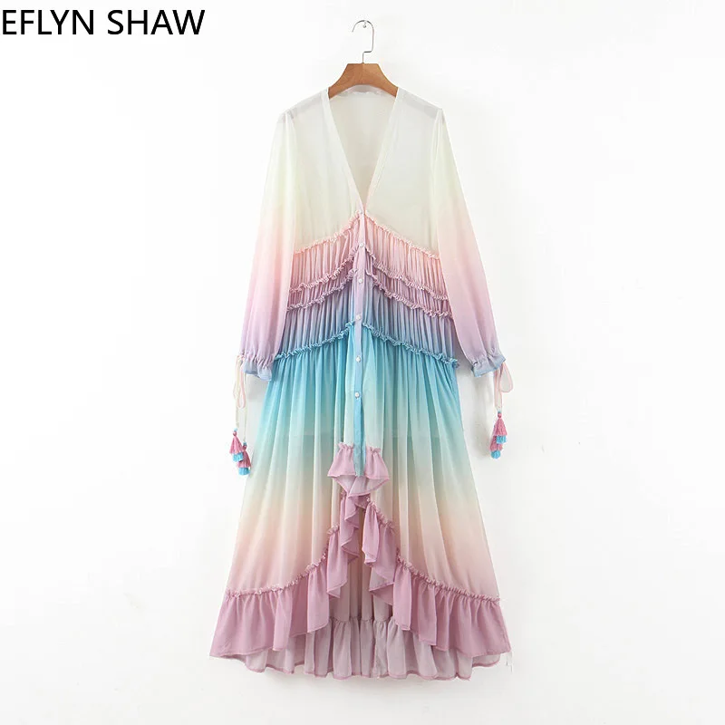 

Deep V Neck Maxi Dress Women Boho Style Summer Long Sleeve Gradient Dress Holiday Style Ruffles Loose Long Dress Beach Vestidos