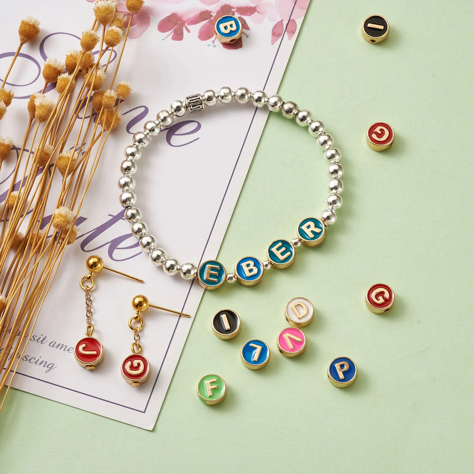 

104Pcs Colorful Letters Alloy Enamel Spacer Beads Flat Round Necklace Earrings Alphabet Beads Findings for DIY Jewelry Handmade