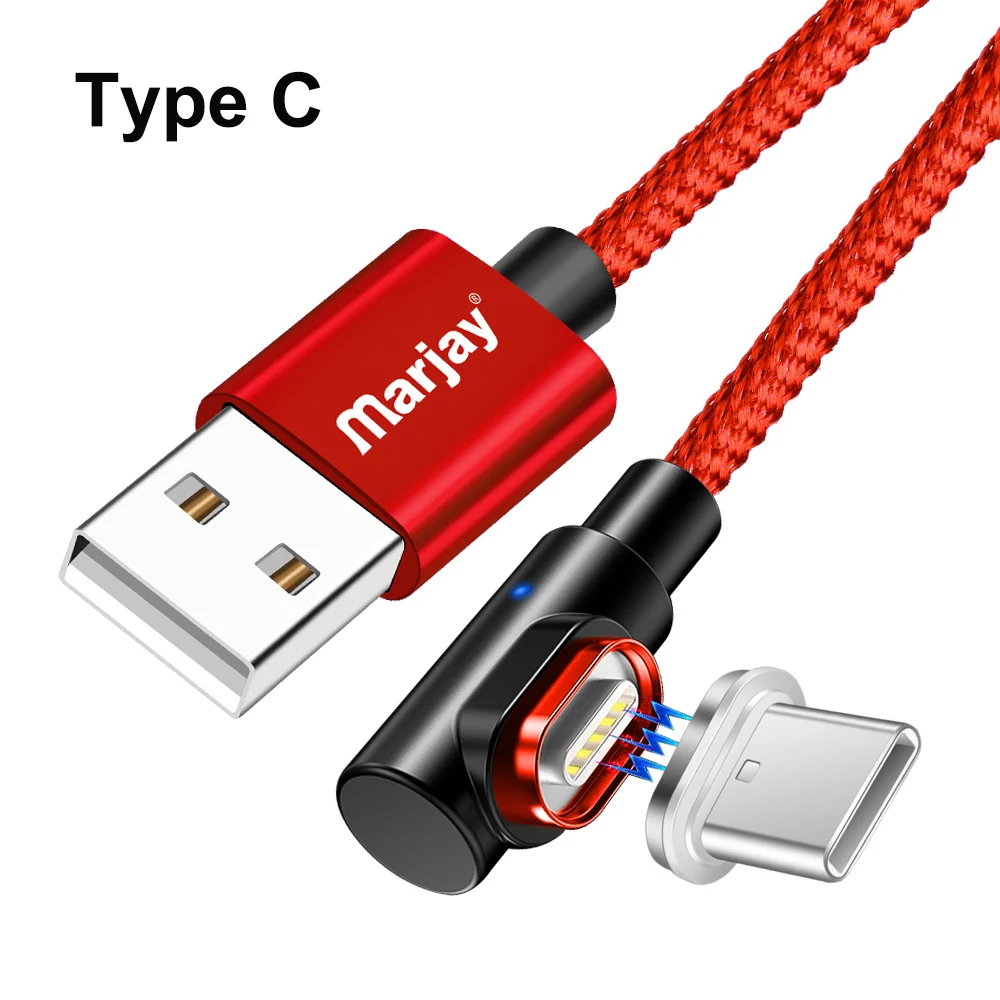Магнитный кабель Marjay, 90 градусов, Тип C, Micro USB C, быстрая зарядка, Microusb type-C, магнитное зарядное устройство, usb c, зарядный Шнур для iphone 7, 6 - Цвет: Red Type C Cable