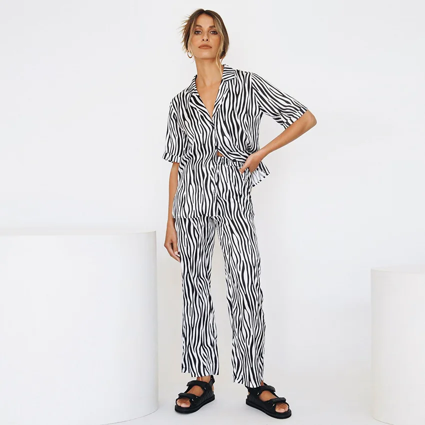 

Casual Stripes 2PCS Summer New Pajamas Suit Women's Ice Silk Home Wear Turn-down Collar Shirt&Pant Sleepwear Loose Nightwear