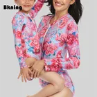 Цельный купальник с цветочным принтом для родителей и детей, женский купальник на молнии с длинным рукавом, одинаковые комплекты для мамы и дочки, купальный костюм