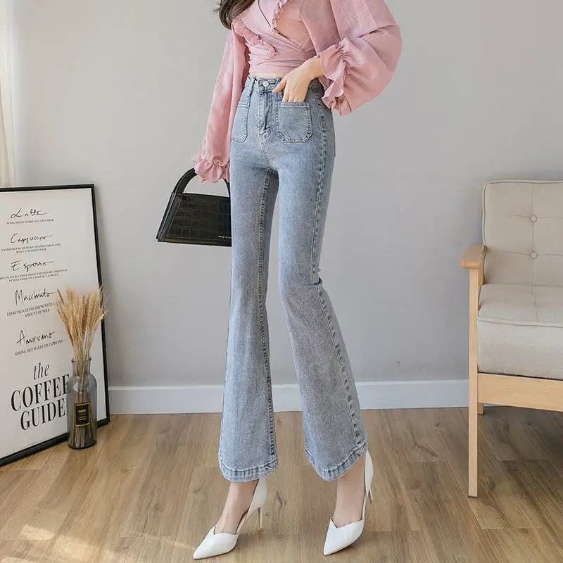 

2021 Nine Point Korean Boot Cut Jeans Office Lady High Waist Slim Flared Denim Pants Mom Jeans High Waist Bell Bottom Jeans