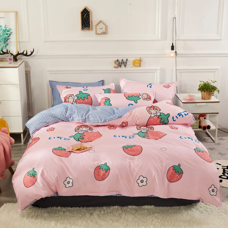 

3pcs/4pcs Cartoon Strawberry Bedding Sets Soft Duvet Bed Cover Comforter Flat Sheet Free Pillowcases Twin Full Queen King Size