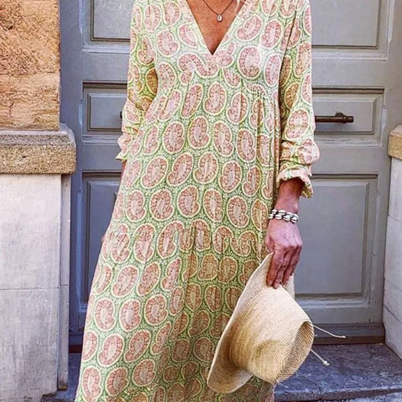 

Casual Women V Neck Long Party Dress Fashion Retro Pattern Print Loose Pullover Dress Spring Autumn Long Sleeve Beach Maxi Dress