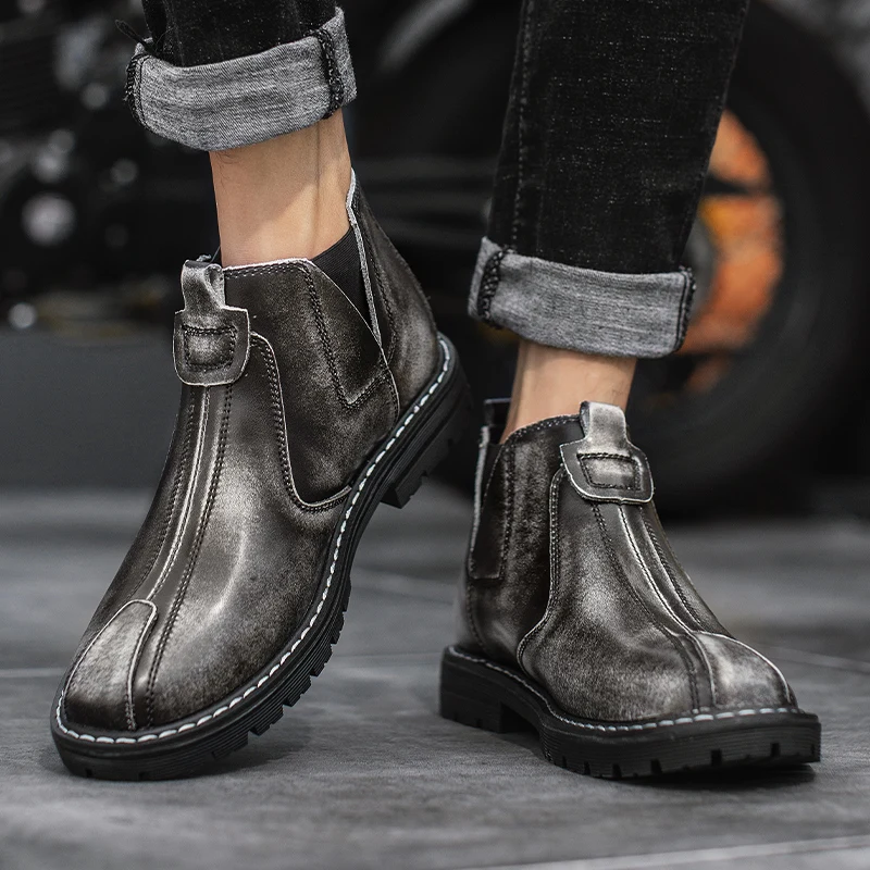 Ботинки Челси мужские из мягкой кожи черные/коричневые/серые на меху для весны и