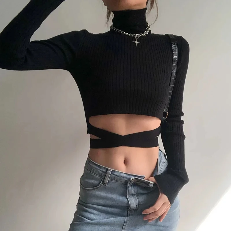 

Women Roll Neck Rib Cropped Jumper With Tie Waist