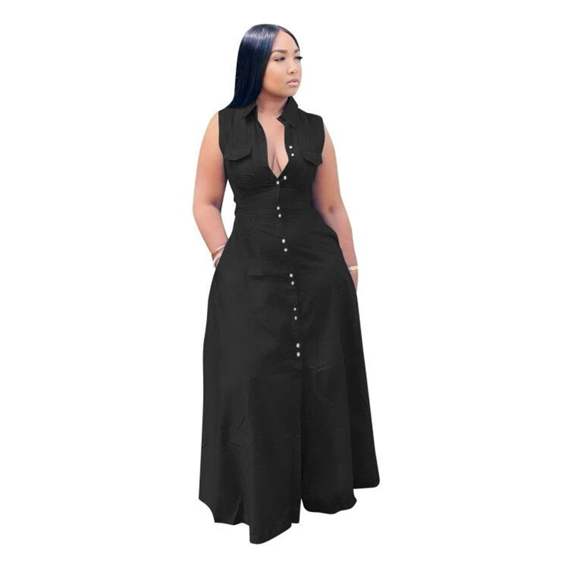 Plus Size Women Clothing Sexy Casual Solid Front Open Turn Down Collar with Pocket Button Large Size Maxi Summer Dress Vestidos