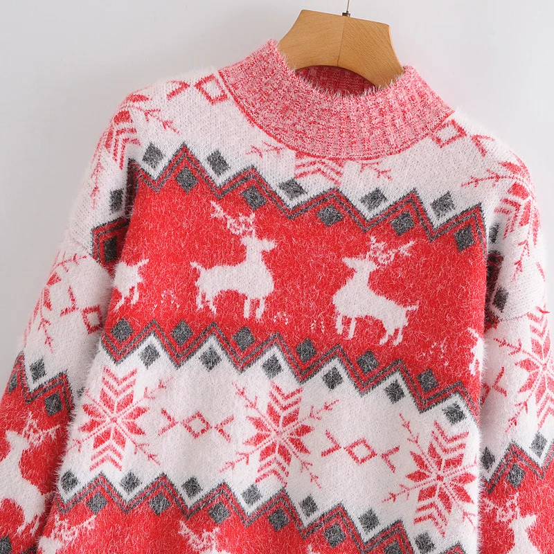 

Women Autumn Winter Christmas Sweater Ladies Knitted Jumper Pullover Women Sweater Snowflake Elk Print Sweaters And Pullovers