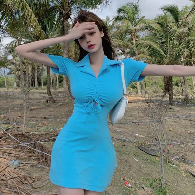 

Sexy Hollow Out Short-Sleevs Bodycon Dresses Women Fashion Turn-down Collar Summer Dress