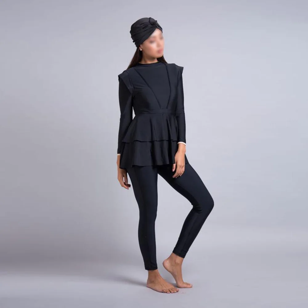 Black Ruffle Muslim Swimwear Burkini 3pcs with Bra Padding Patchwork Hijab Long Sleeves Sport Swimsuit Islamic Wear Bathing Suit | Спорт и
