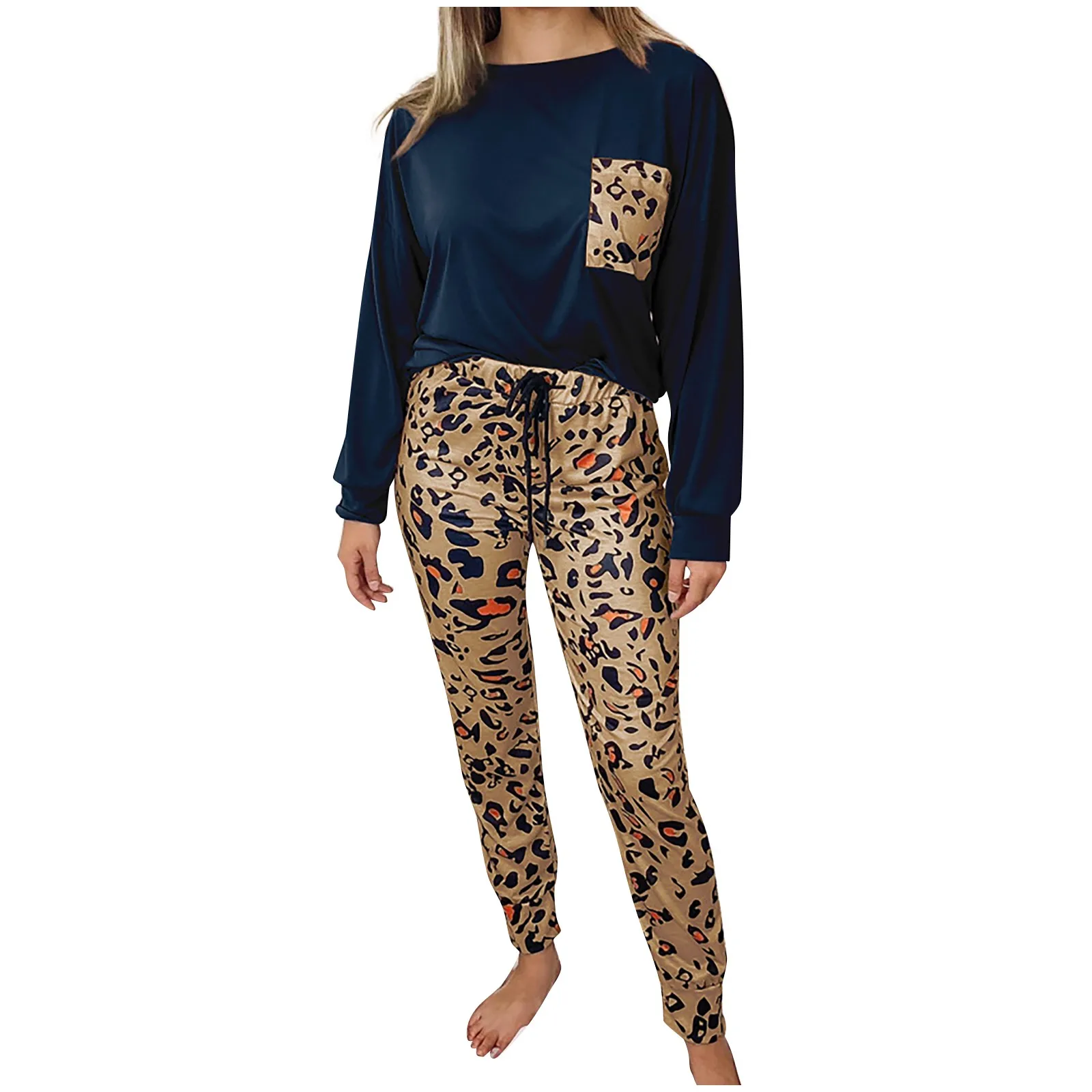 

2021 Autumn Women's Casual Home Suit Leopard Print Long Sleeve Trousers Two Piece Women's Suit Crop Tops Long Pants