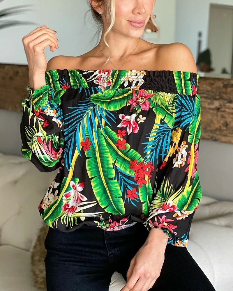 

Women's Top Long-sleeved Floral Print Shirred Off Shoulder Blouse Slim Casual Top