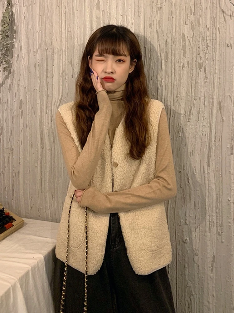 

Spring And Autumn Korean Version Of The New Candy Color Age Reduction Loose Lamb-like Wool Outer Stacking Vest Female Tide 2021