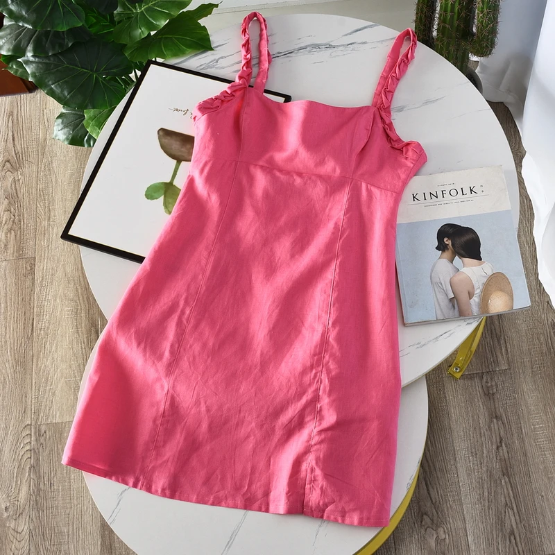 

Summer Suspenders Fashion Sexy Mini Dress Casual Skirt Womens Solid Color Back Lace Dress Simple Slim Short Skirt Pink