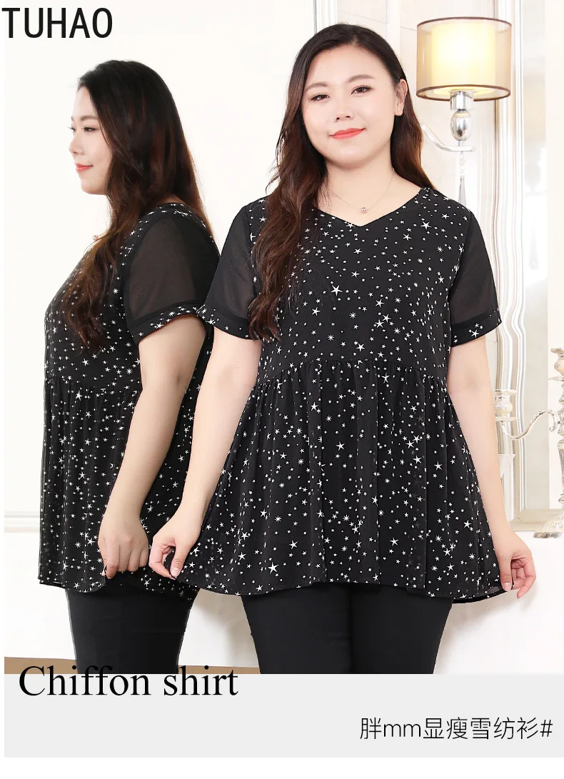 

TUHAO Office Lady Print Plus Size 10XL 9XL 8XL Woman Blouse Loose Chiffon Shirt Female Summer Middle Age Blouses Tops WM17