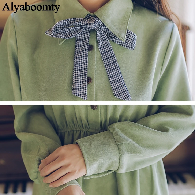 

2021 Spring Autumn Mori Girl Candy Color Women Sweet Dress Turn-Down Collar Solid Bow Corduroy Dress Elegant Long Sleeve Dresses
