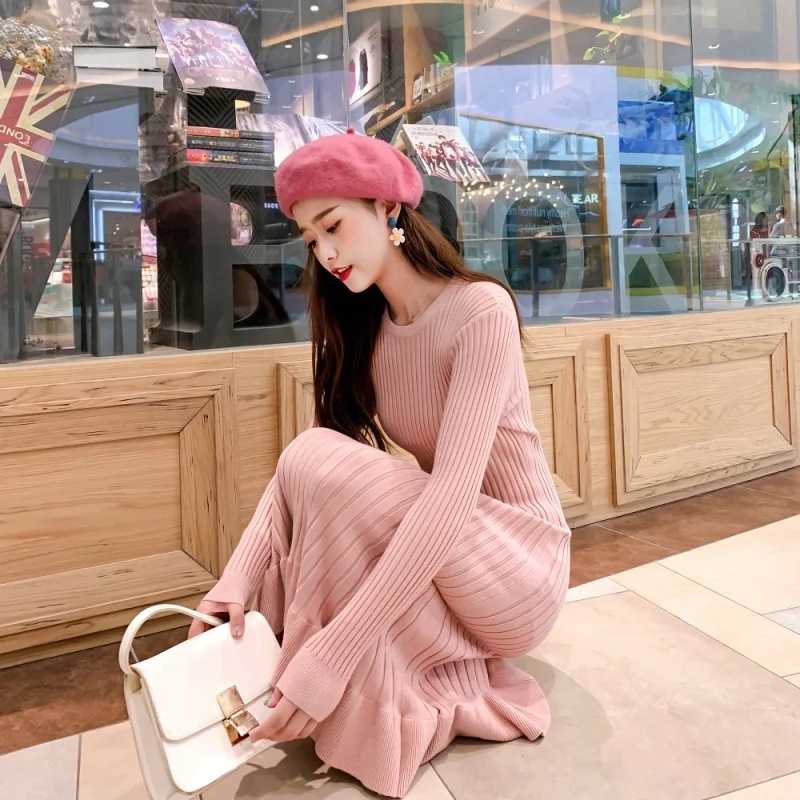 Корейское женское осень платья женские вязаное платье свитер теплое трикотажное