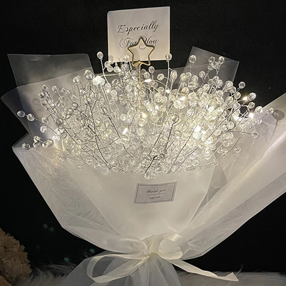 

DIY Crystal Beaded Gypsophila Bouquet With String Lights Acrylic Beads Flower Bunch Wedding Bouquet Valentines Day Handmade Gift