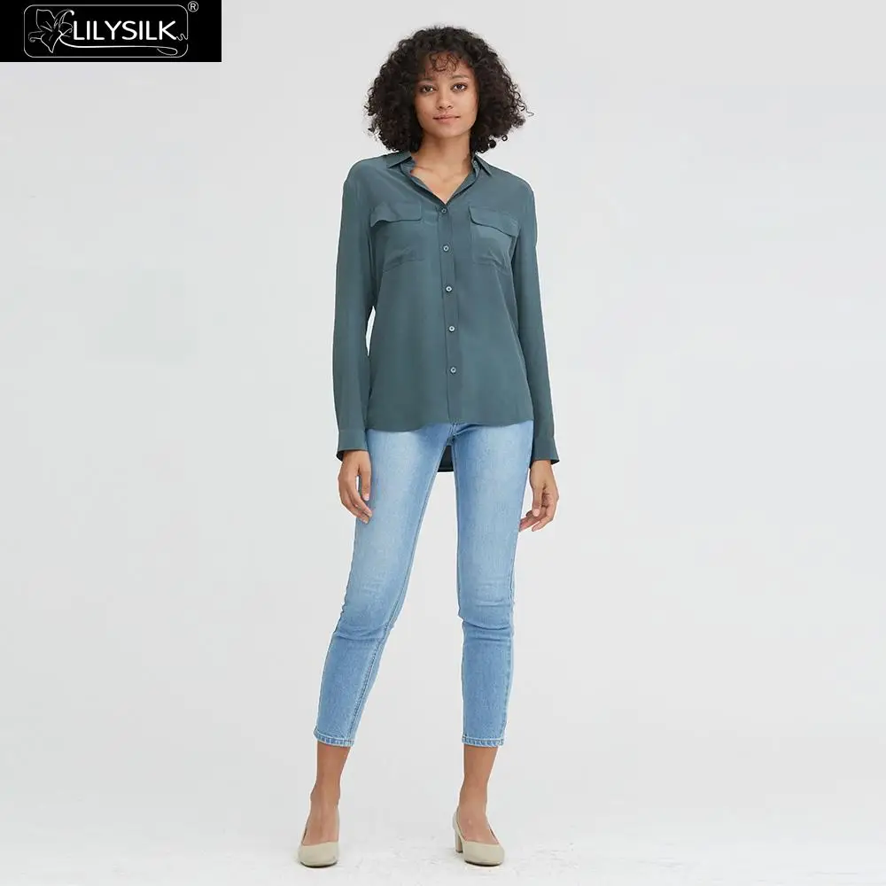 Smoky Blue LilySilk рубашки блузка женская с длинным рукавом Базовая коробка плиссированная крепдешин шелк легкий устойчивый к морщин - Цвет: Smoky Blue