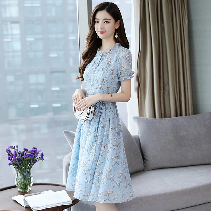 Летнее женское повседневное пригородное синее цветочное длинное платье