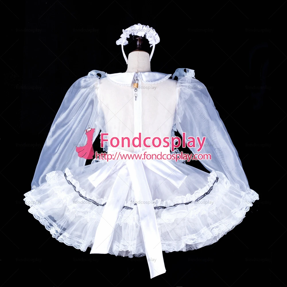 fondcosplay adult sexy cross dressing sissy maid short white Dots satin dress lockable organza Uniform Tailor-made[G2324] |