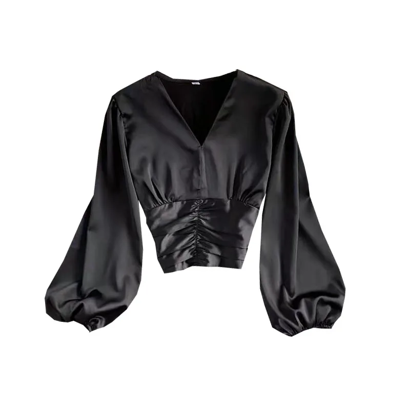 

the new society v-neck hubble-bubble sleeve blouse design feeling fold brief paragraph show female navel satin shirt