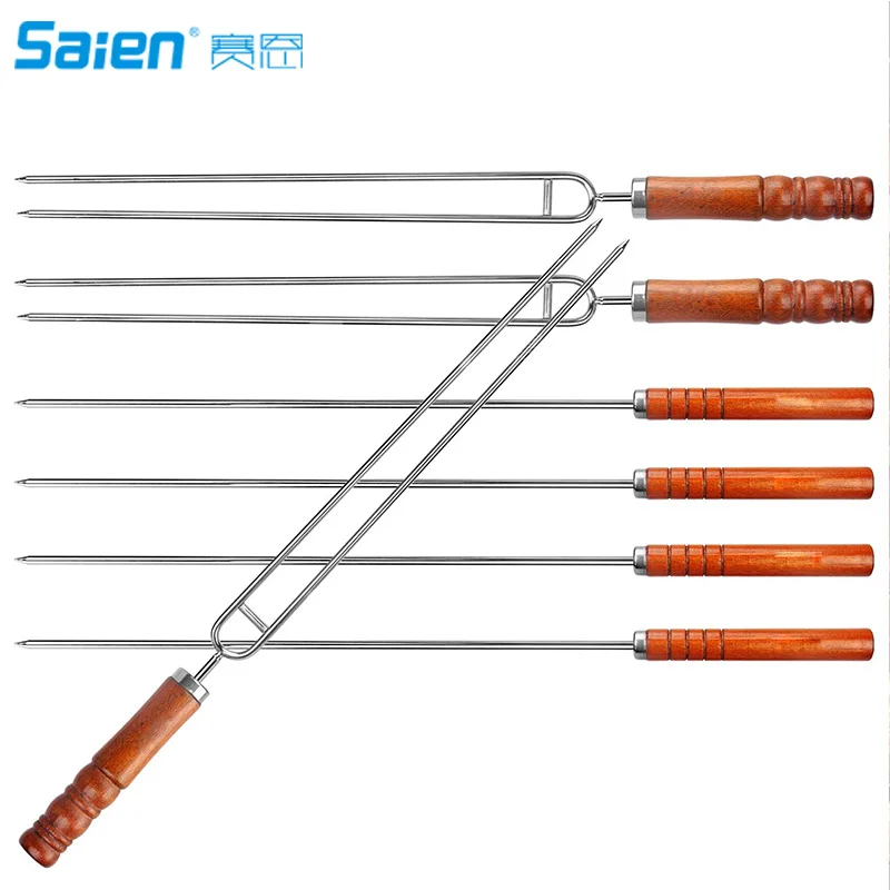 Double Prongs BBQ Barbecue Shish Kebab Skewers Stainless Steel Wooden Handle 16 inch 7-Piece | Спорт и развлечения