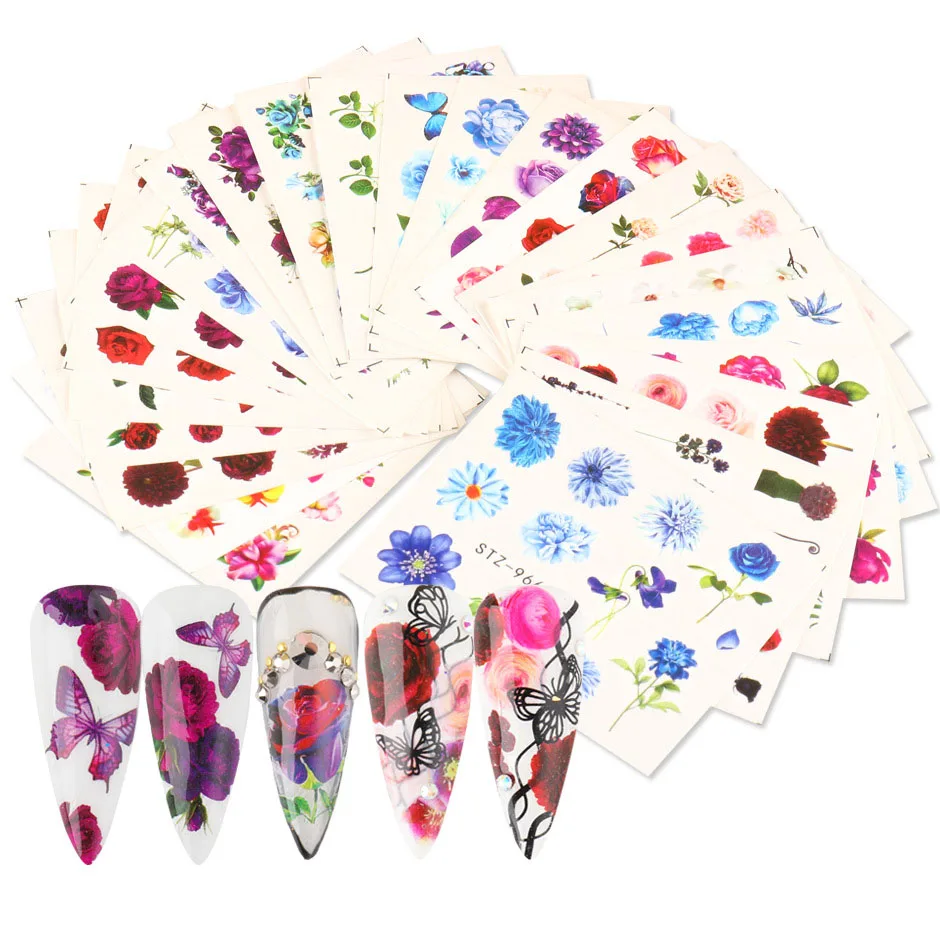 

24 Pcs/set Blossoming Flower Nail Art Sticker Water Decal Rose Daisy Nail Wraps Designs Slider Manicure Decoration Accessories