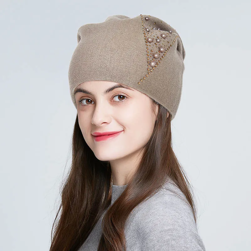 ENJOYFUR зимние вязаные шапки для Женская мода бисер Стразы модное шерстяное теплое
