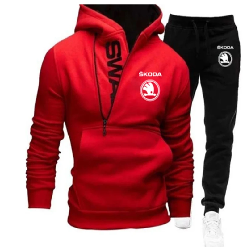 

NEW MEN SKODA logo cotton Hoodie sports set Fashion casual Autumn Winter Hot sale Zipper Sweatshirt+sweatpants