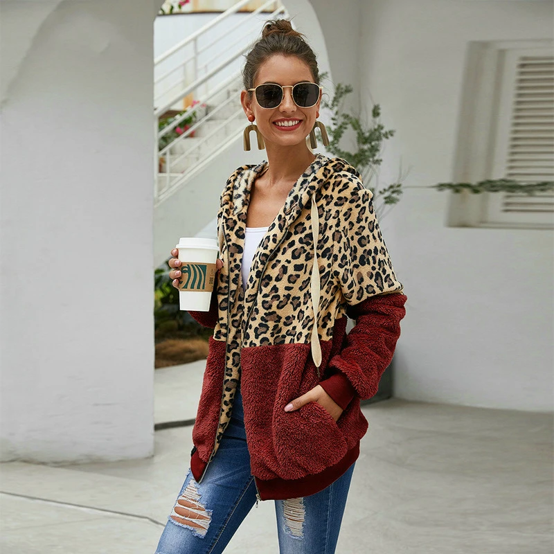 

Autumn Winter Leopard Sweatshirts Women 2021 Long Sleeve Hooded Hoodies Casual Zipper Hoodie Top Warm Coat Polerones Mujer