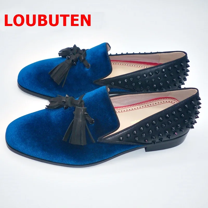 

Синие бархатные туфли LOUBUTEN, мужские лоферы с кисточками, мужские классические туфли ручной работы, обувь для вечевечерние и выпускного вече...