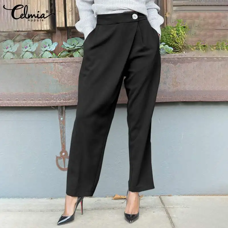 

Women Long Harem Pants 2021 Celmia Fashion Elegant High Waist Pockets Work Trousers Pleated Casual Loose Solid Pantalon Femme