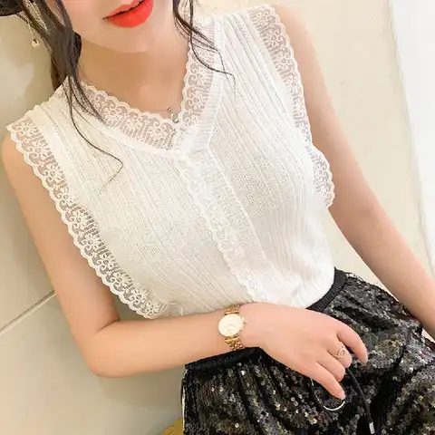 Women Sexy Sleeveless Blouses Lace Vest Casual V-neck Ladies Solid Lace Tank Tops Blouses Korean Style Elegent Sweet Shirts