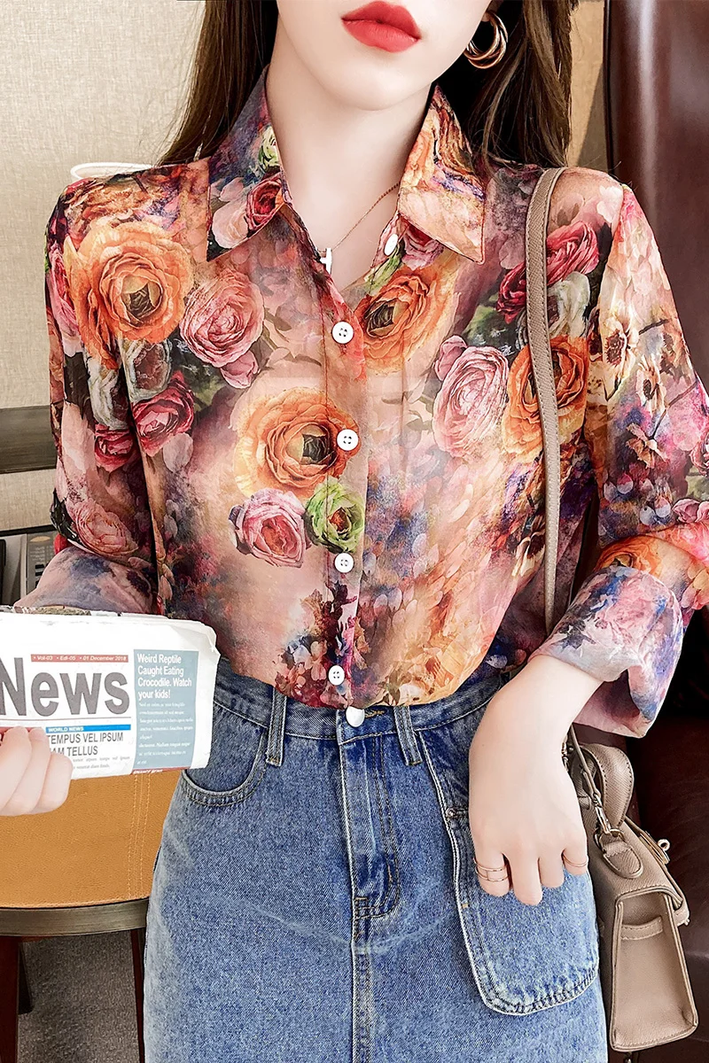 

Houthion Chiffon Slim Women's Blouses Fashion Long Sleeve Top New Casual Blouse Hand Painted Buttons Polo Shirt Spring/autumn
