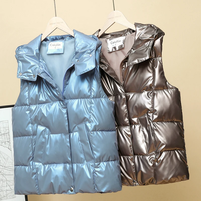 

New Women's Glossy Hooded Vest Winter Waterproof Warm Thicken Casual Windbreaker Solid Bright Sleeveless Jacket Female Waistcoa