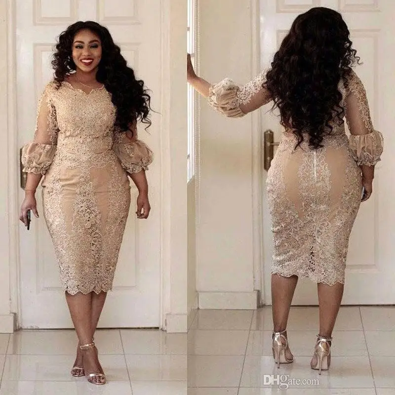 Champagne Plus Size Mother of the Bride Dresses with Long Sleeve Full Lace aso ebi African Mermaid Tea-length Mother Gown