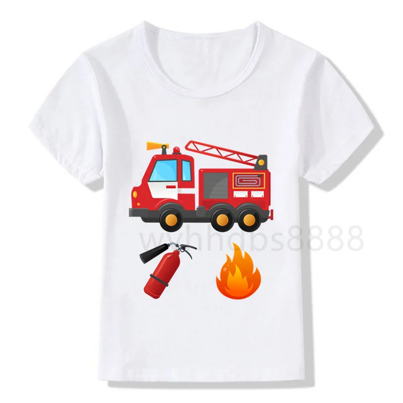 

Новая летняя одежда для маленьких мальчиков и девочек с рисунком пожарного, Детская рубашка с короткими рукавами, с О-образным вырезом футб...